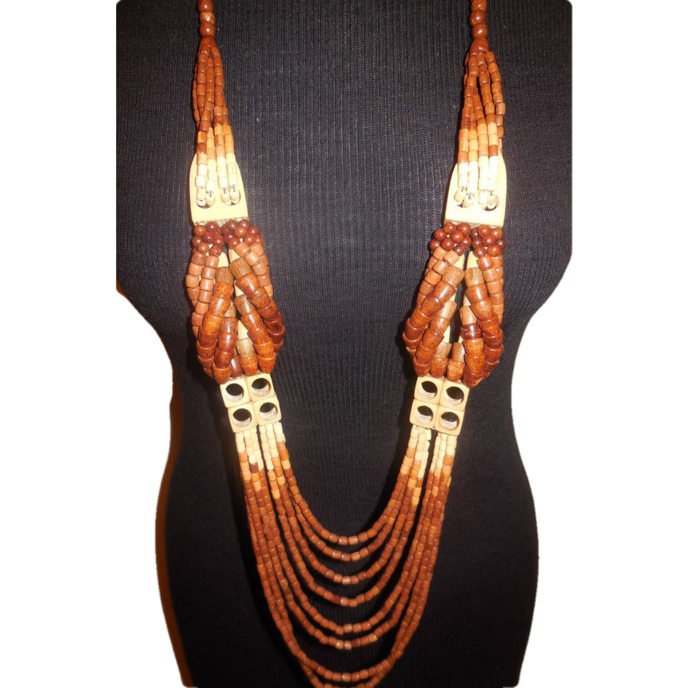 Necklace Long Multi-Layered Beaded Wood